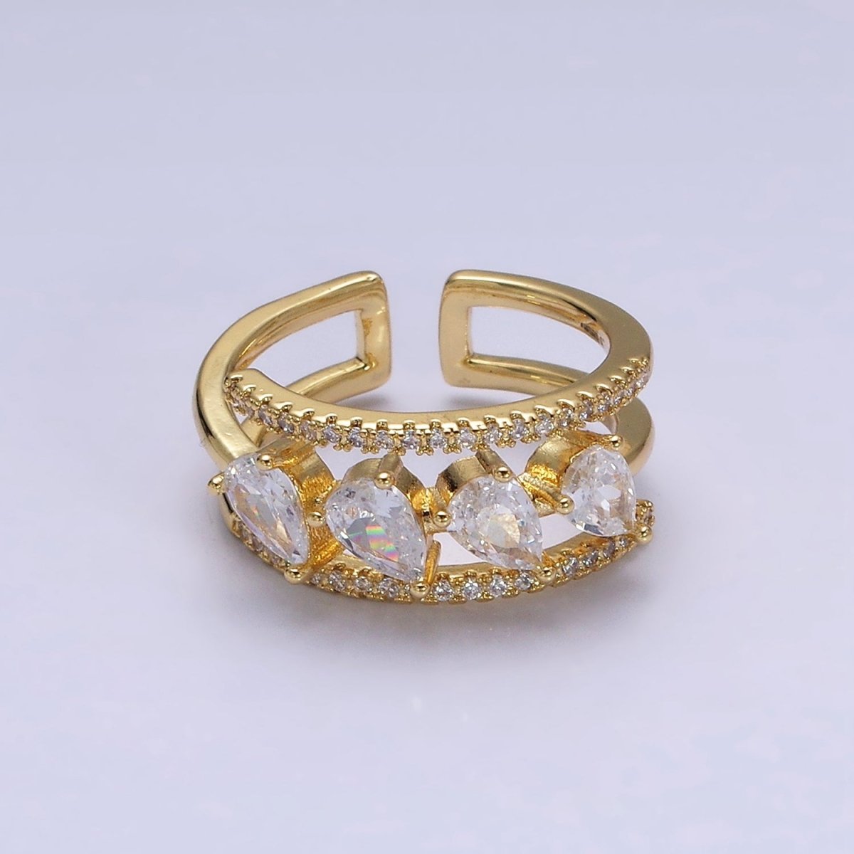 16K Gold Filled Clear Teardrop CZ Micro Paved Triple Band Ring in Gold & Silver | O-1587 O-1588