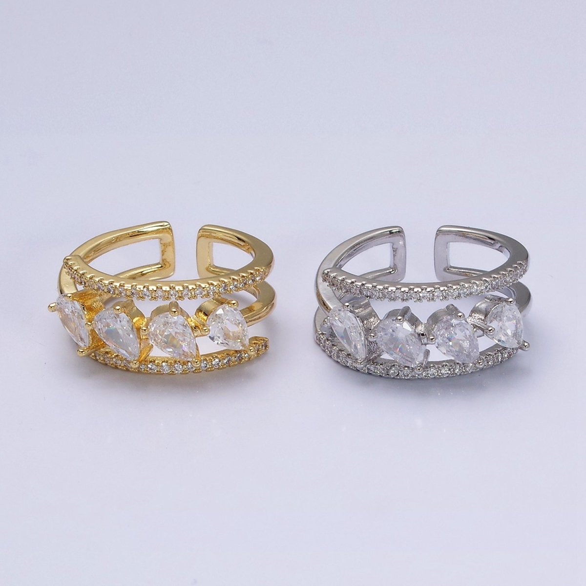 16K Gold Filled Clear Teardrop CZ Micro Paved Triple Band Ring in Gold & Silver | O-1587 O-1588