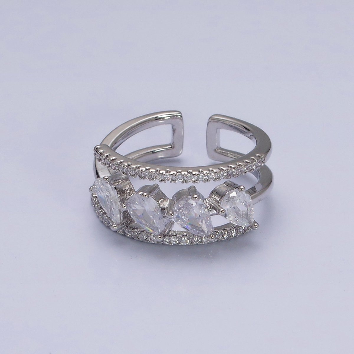 16K Gold Filled Clear Teardrop CZ Micro Paved Triple Band Ring in Gold & Silver | O-1587 O-1588