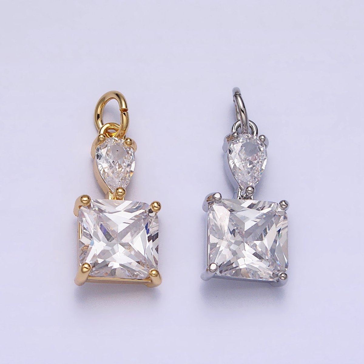16K Gold Filled Clear Teardrop Square Double CZ Add-On Charm in Gold & Silver | AC1243 AC1244
