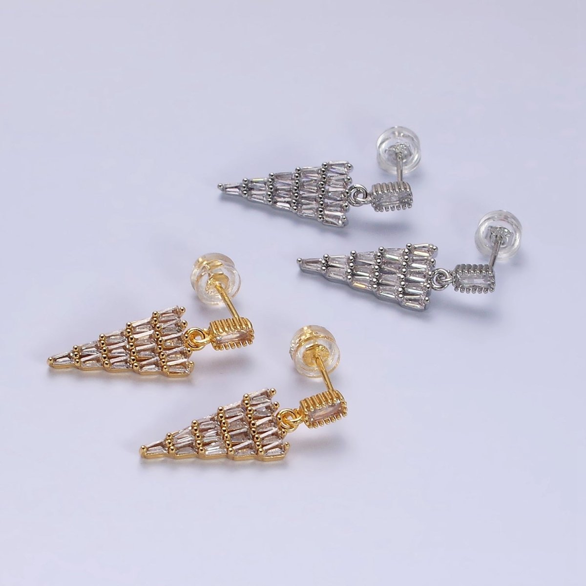 16K Gold Filled Clear Triangle Drop Baguette CZ Stud Earrings in Gold & Silver | AD966 AD967