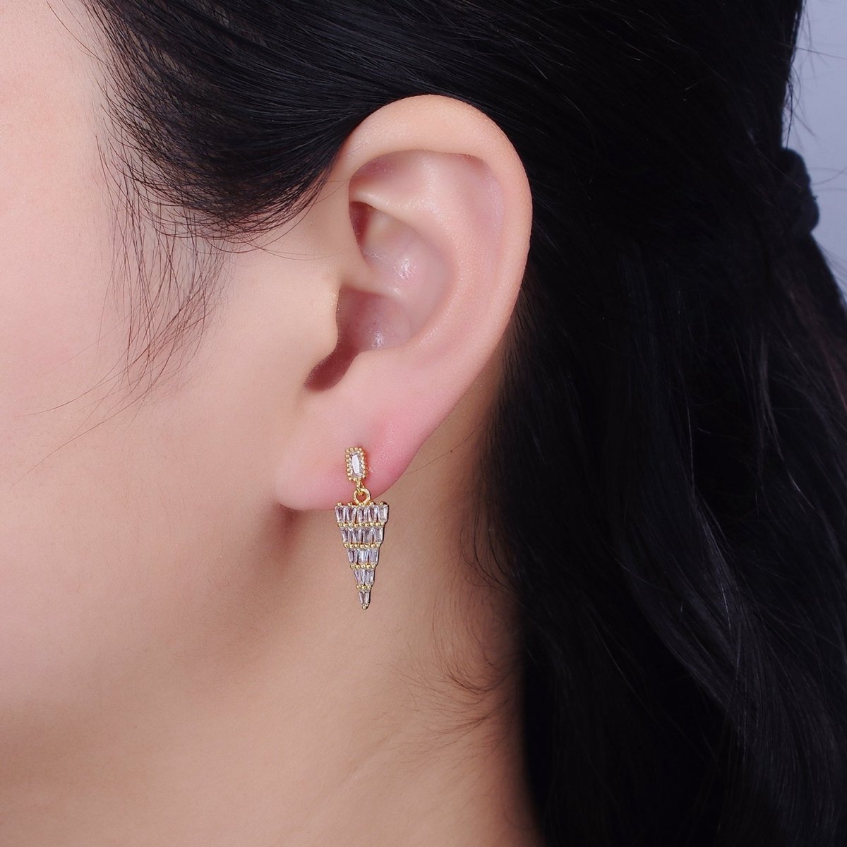 16K Gold Filled Clear Triangle Drop Baguette CZ Stud Earrings in Gold & Silver | AD966 AD967
