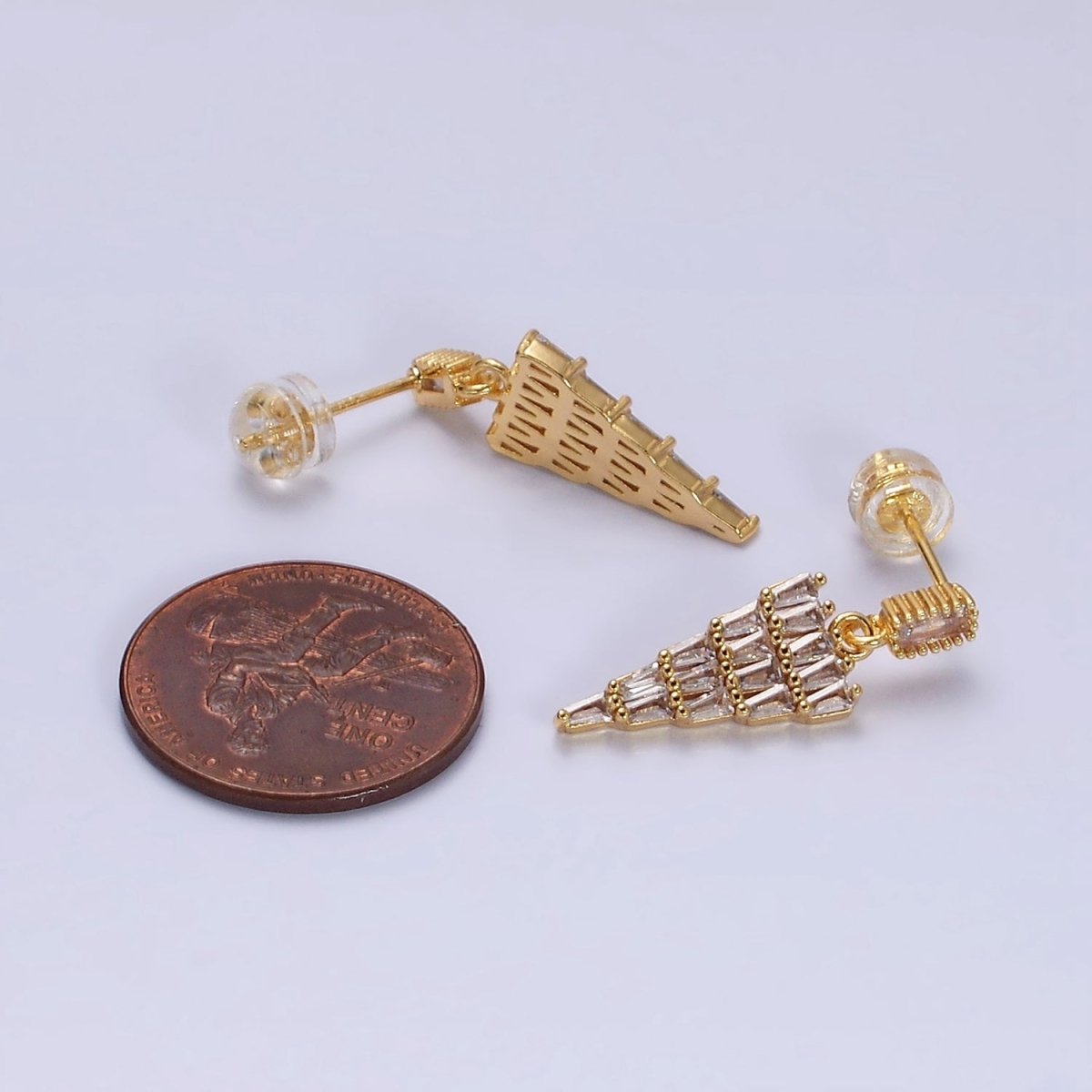 16K Gold Filled Clear Triangle Drop Baguette CZ Stud Earrings in Gold & Silver | AD966 AD967