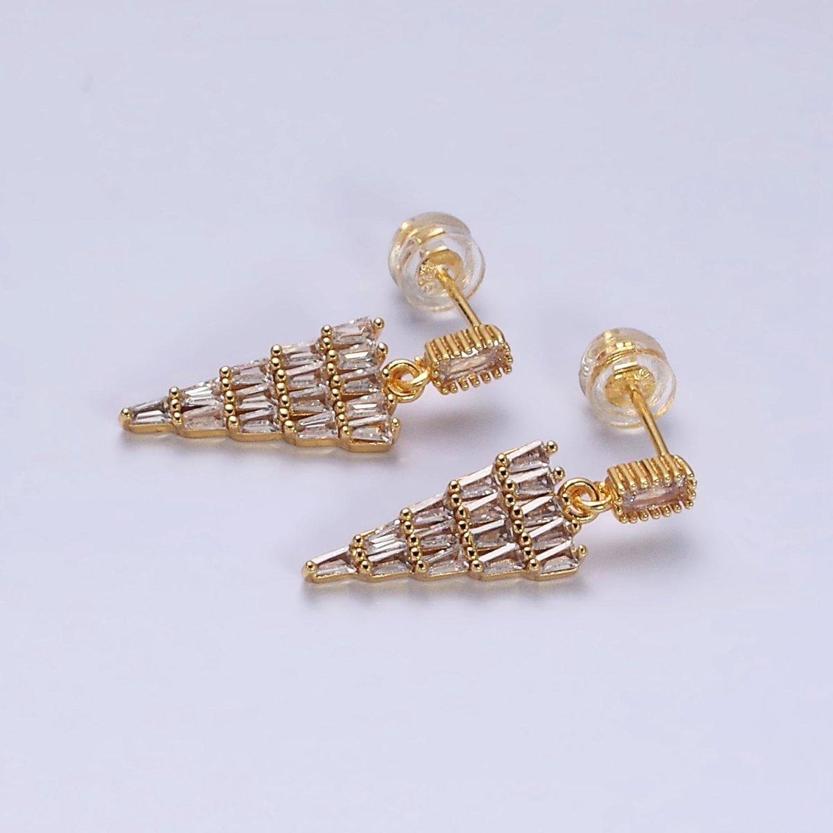 16K Gold Filled Clear Triangle Drop Baguette CZ Stud Earrings in Gold & Silver | AD966 AD967