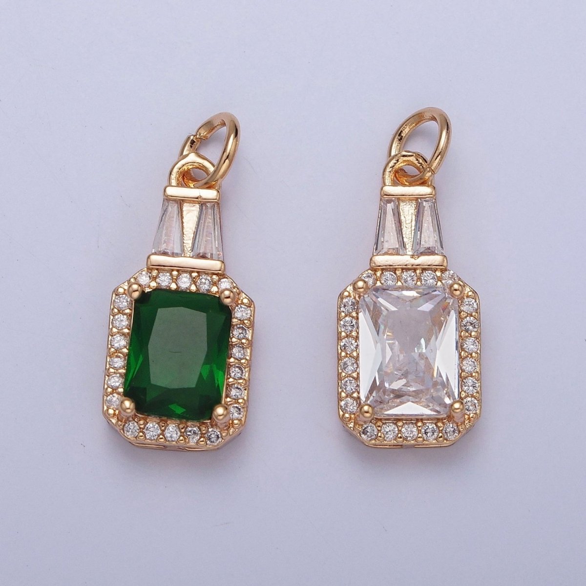 16K Gold Filled Clear/Green Micro Paved Baguette Cubic Zirconia Charm For Jewelry Making | X-254 X-255