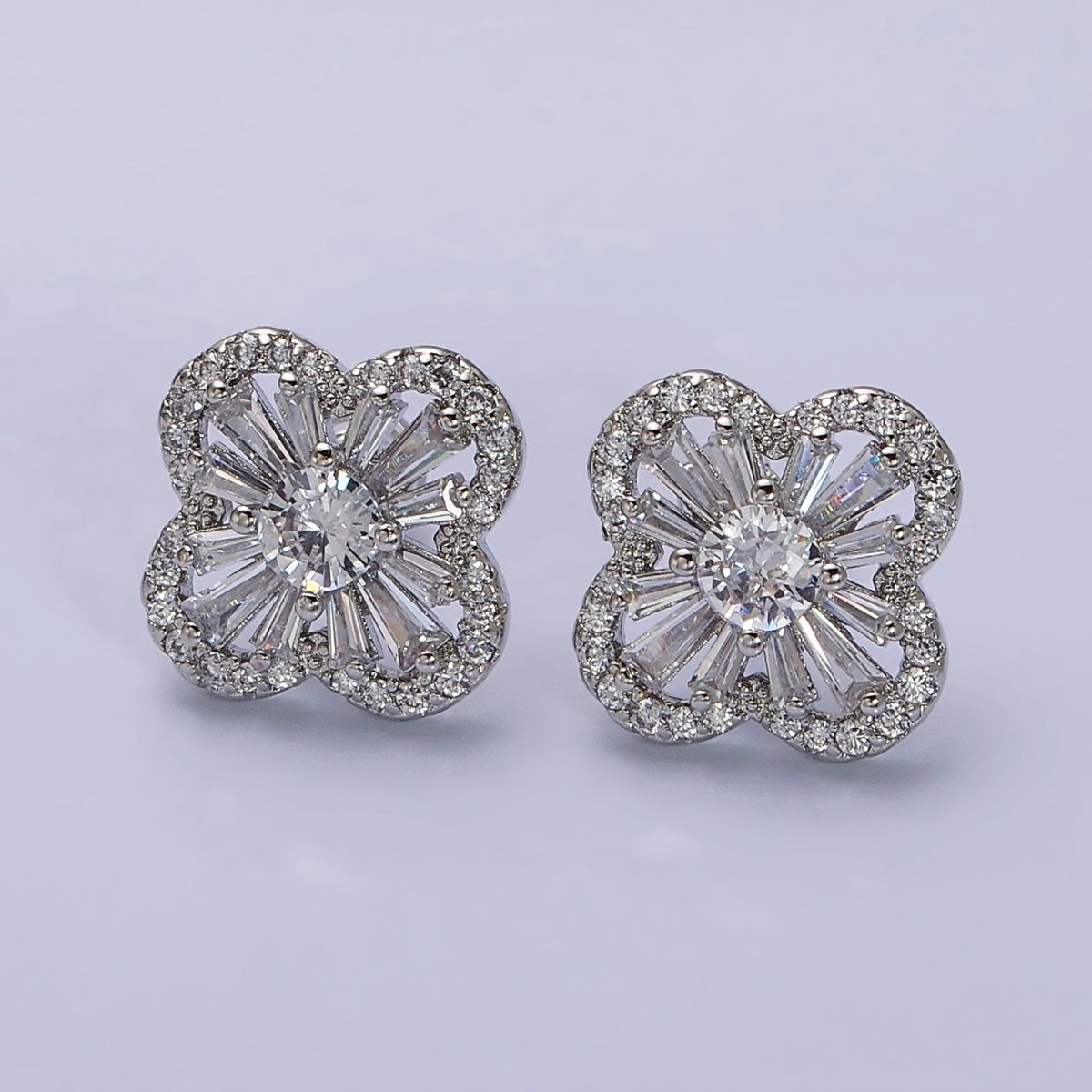 16K Gold Filled Clover Quatrefoil Baguette Micro Paved CZ Stud Earrings in Gold & Silver | AD1181 AD1182