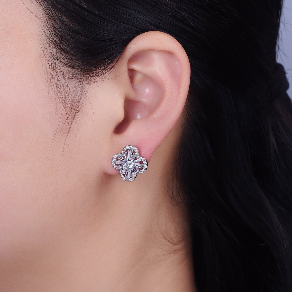 16K Gold Filled Clover Quatrefoil Baguette Micro Paved CZ Stud Earrings in Gold & Silver | AD1181 AD1182