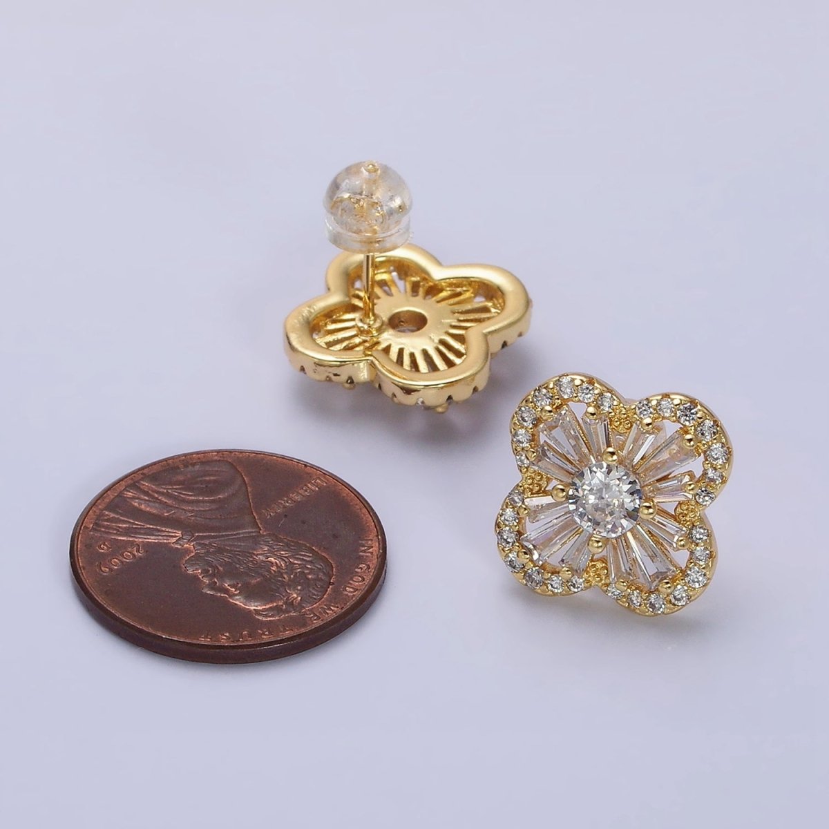16K Gold Filled Clover Quatrefoil Baguette Micro Paved CZ Stud Earrings in Gold & Silver | AD1181 AD1182