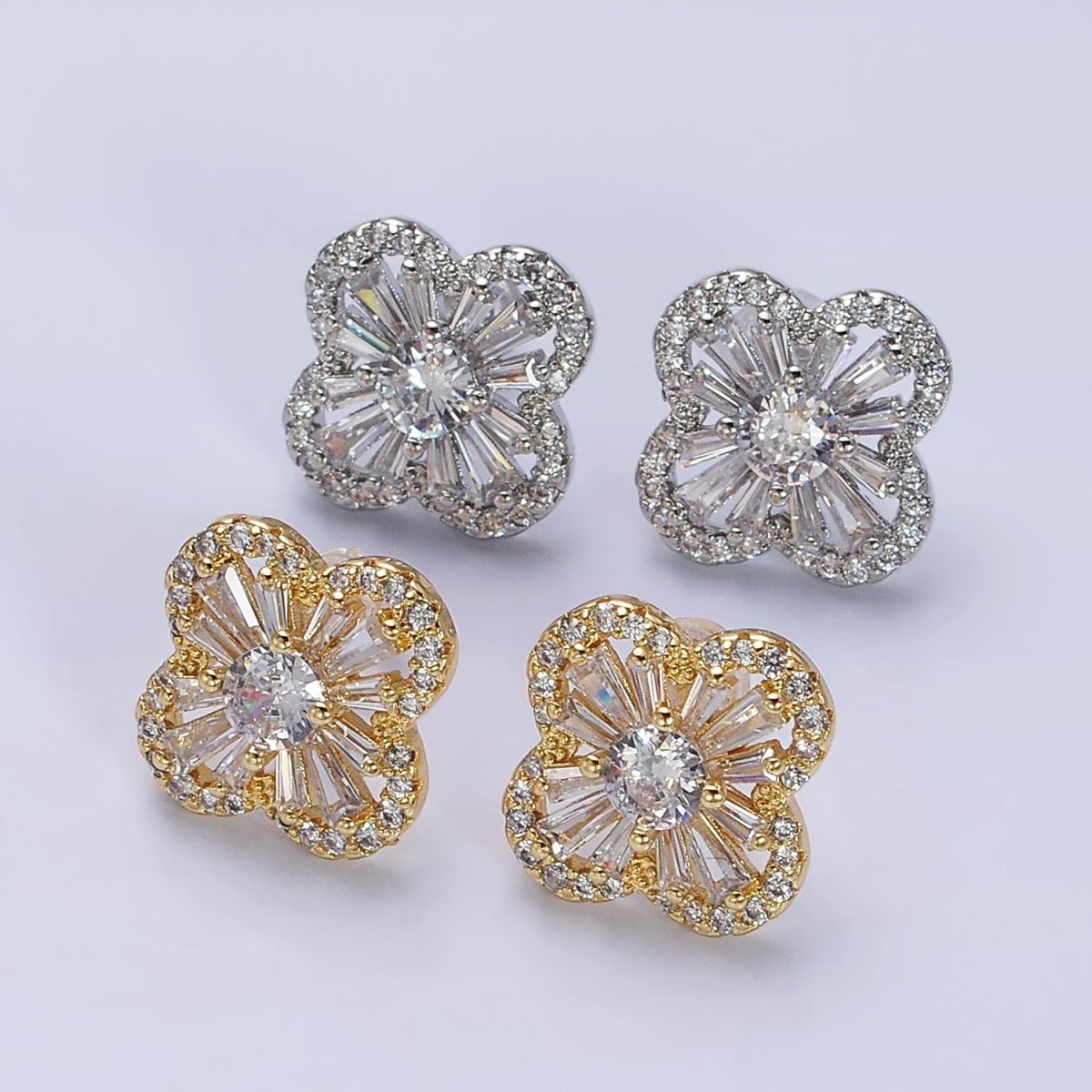 16K Gold Filled Clover Quatrefoil Baguette Micro Paved CZ Stud Earrings in Gold & Silver | AD1181 AD1182
