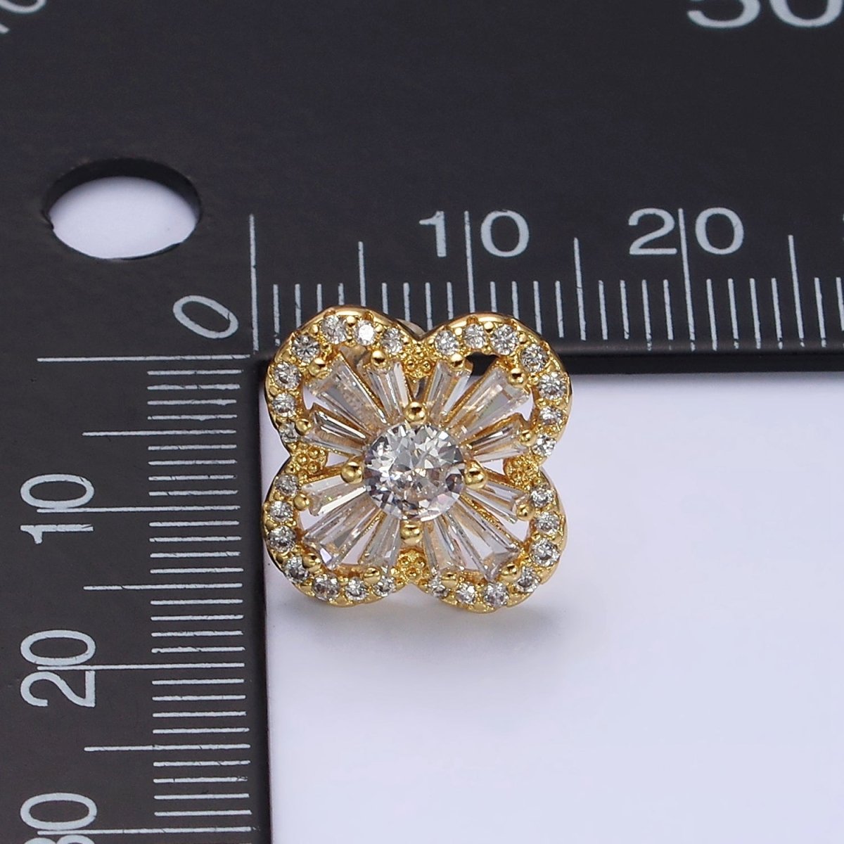 16K Gold Filled Clover Quatrefoil Baguette Micro Paved CZ Stud Earrings in Gold & Silver | AD1181 AD1182
