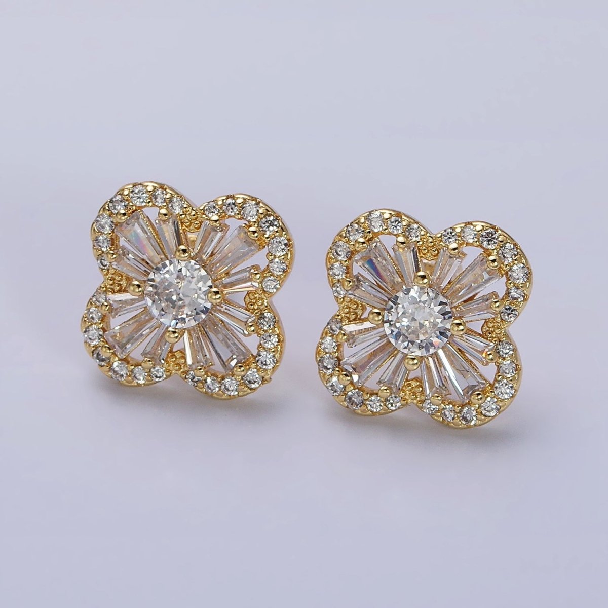 16K Gold Filled Clover Quatrefoil Baguette Micro Paved CZ Stud Earrings in Gold & Silver | AD1181 AD1182