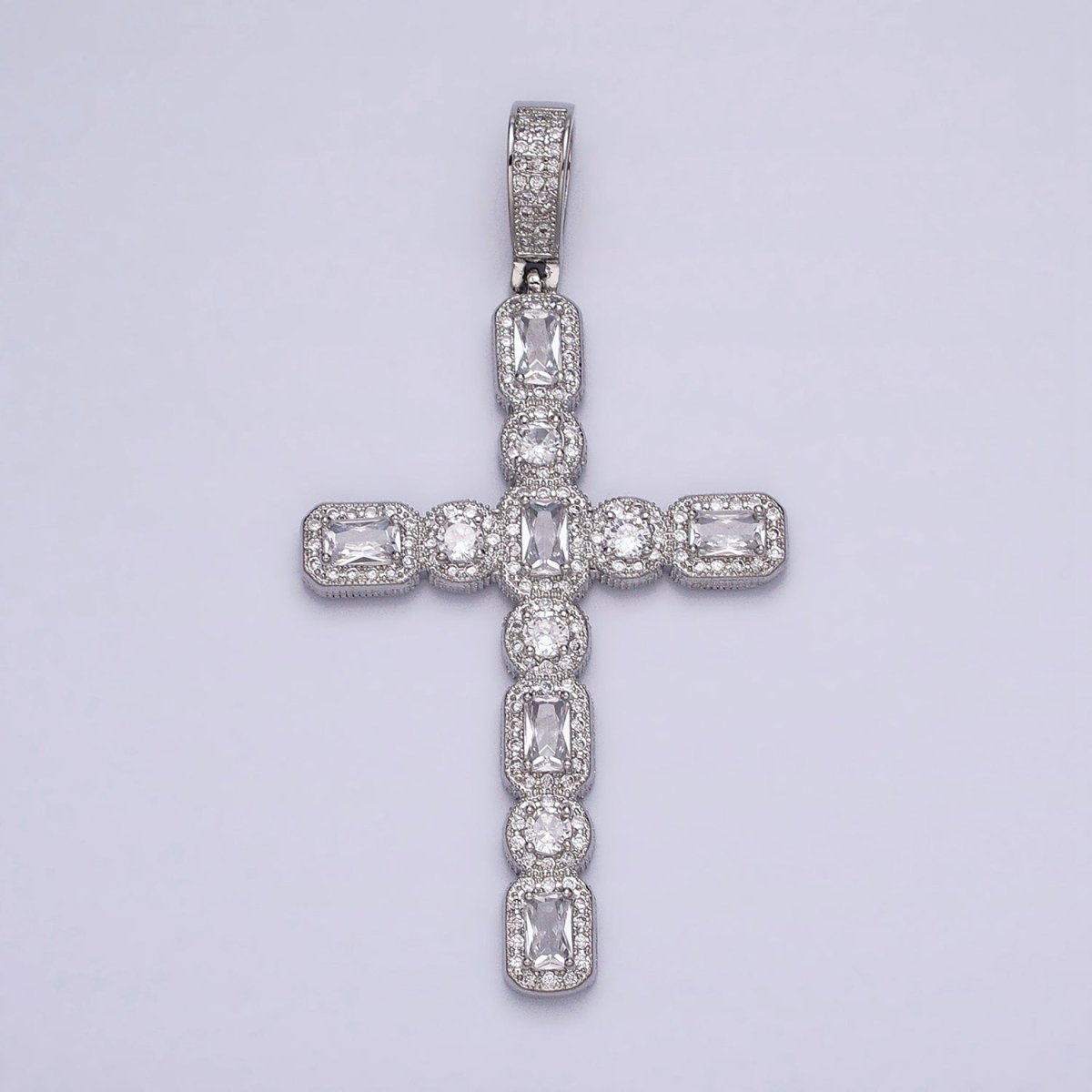 16K Gold Filled Cross Religious Clear Baguette Round CZ Micro Paved Pendant in Gold & Silver | AA-503 AA-504