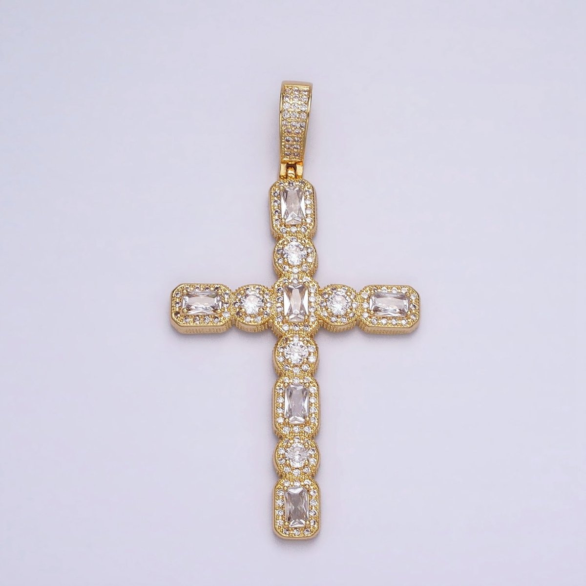 16K Gold Filled Cross Religious Clear Baguette Round CZ Micro Paved Pendant in Gold & Silver | AA-503 AA-504