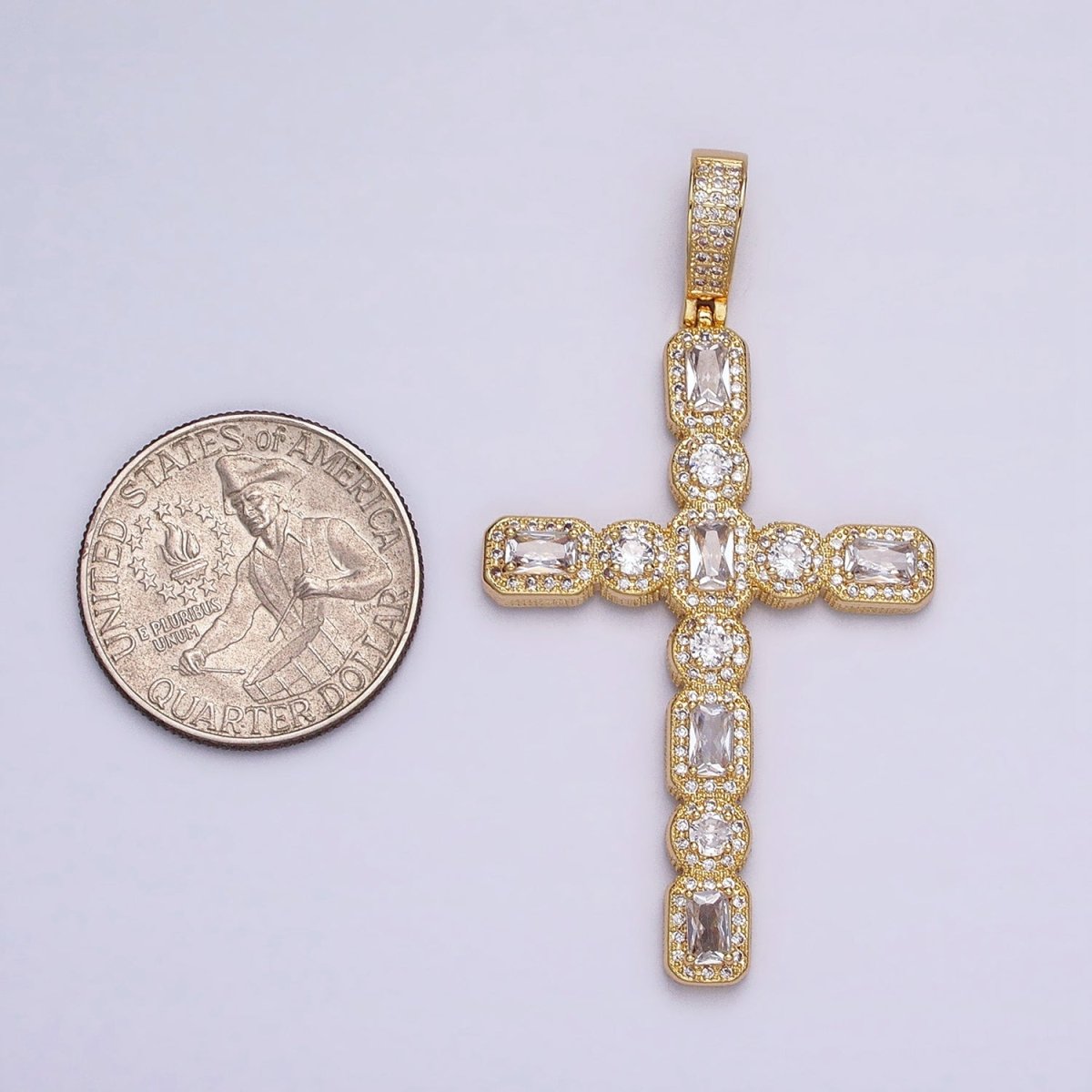 16K Gold Filled Cross Religious Clear Baguette Round CZ Micro Paved Pendant in Gold & Silver | AA-503 AA-504