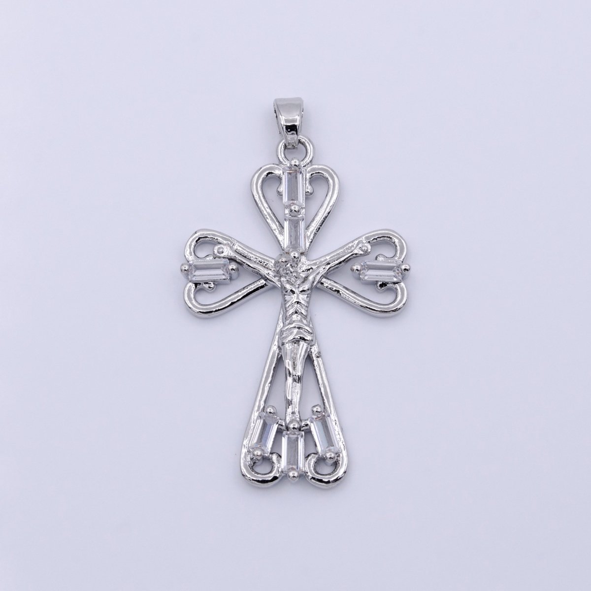 16K Gold Filled Crucifix Cross Clear CZ Baguette Religious Pendant in Gold & Silver | AA479 AA431