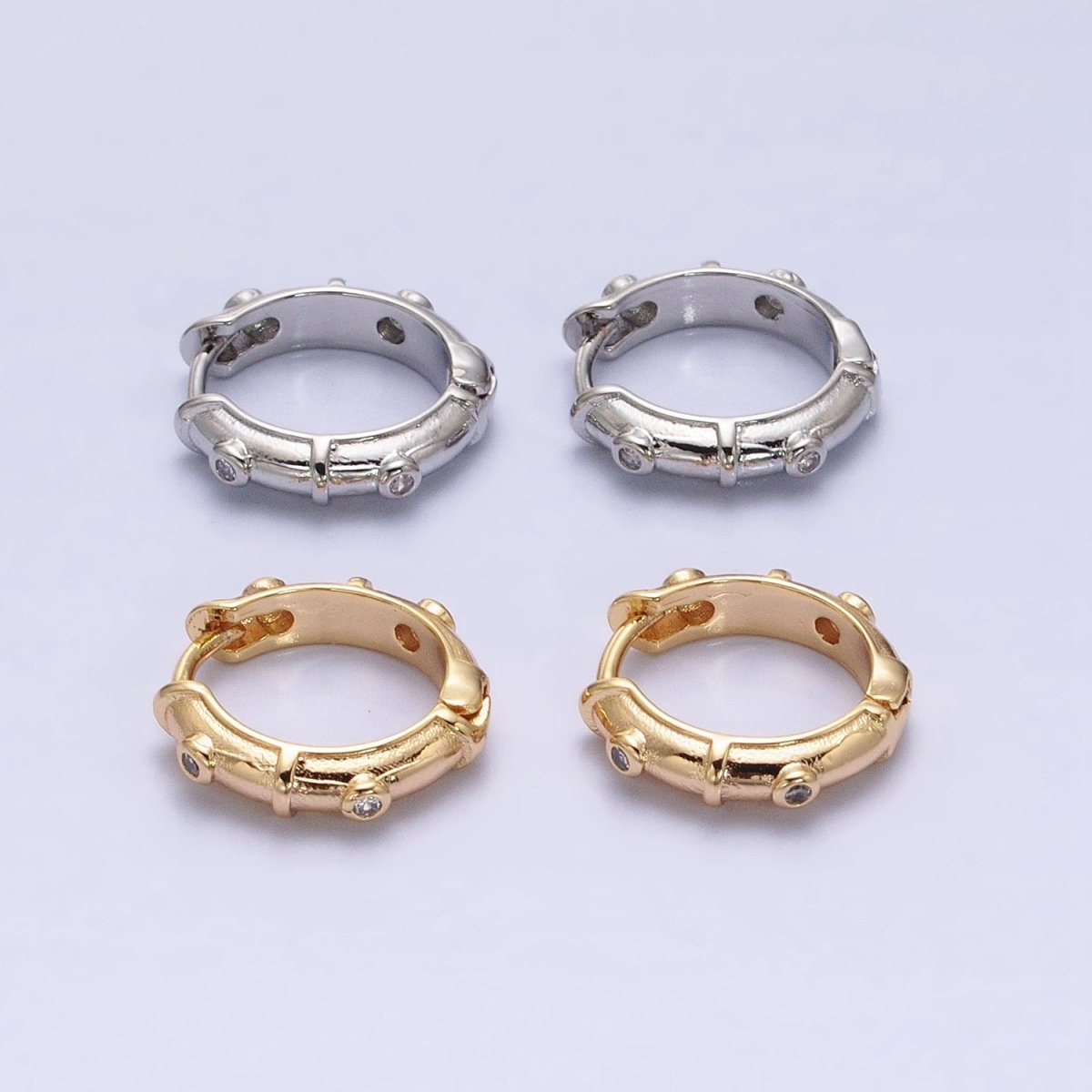 16K Gold Filled CZ Dotted 15mm Huggie Hoop Earrings in Gold & Silver | AB1555 AB1556