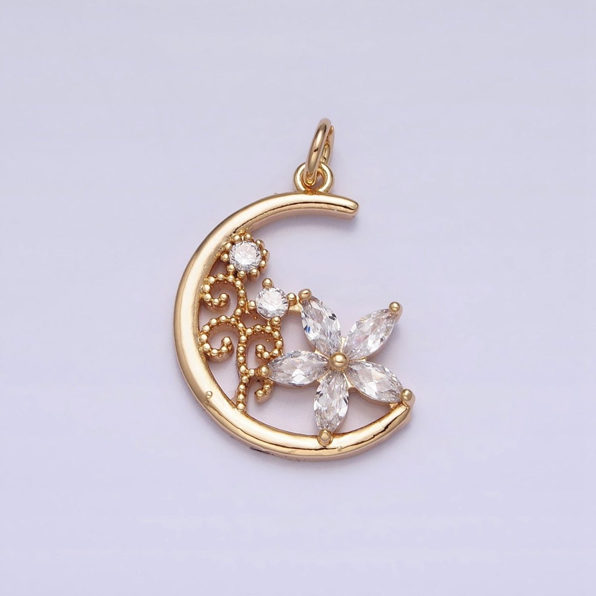 16K Gold Filled CZ Marquise Flower Beaded Plant Crescent Moon Add-On Charm in Gold & Silver | AC1209 AC1210