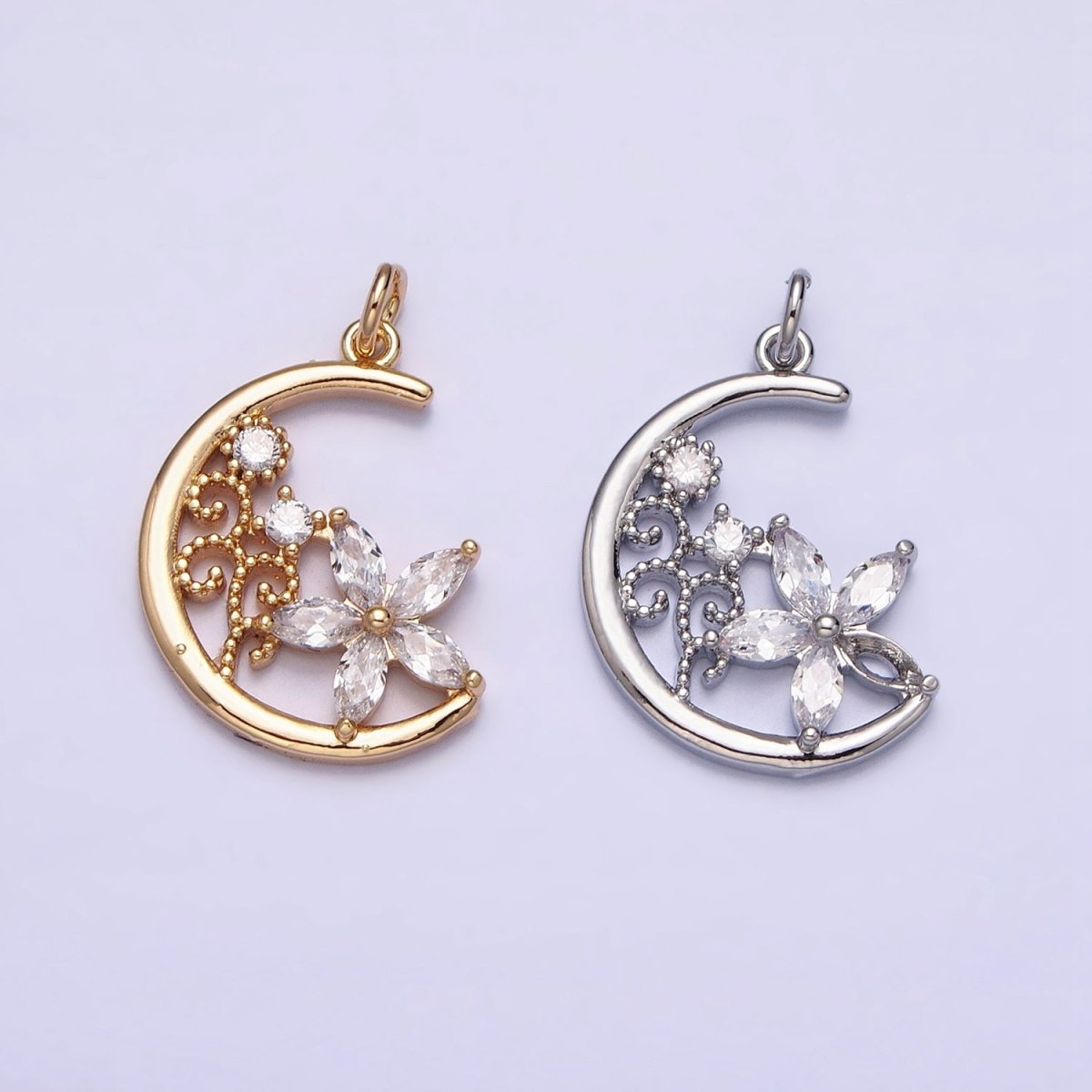 16K Gold Filled CZ Marquise Flower Beaded Plant Crescent Moon Add-On Charm in Gold & Silver | AC1209 AC1210