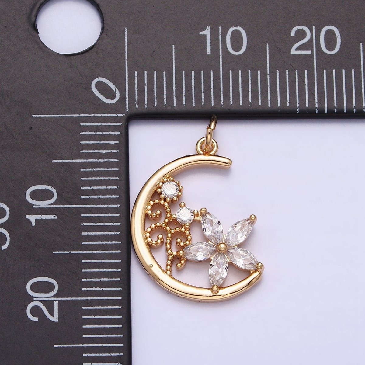 16K Gold Filled CZ Marquise Flower Beaded Plant Crescent Moon Add-On Charm in Gold & Silver | AC1209 AC1210