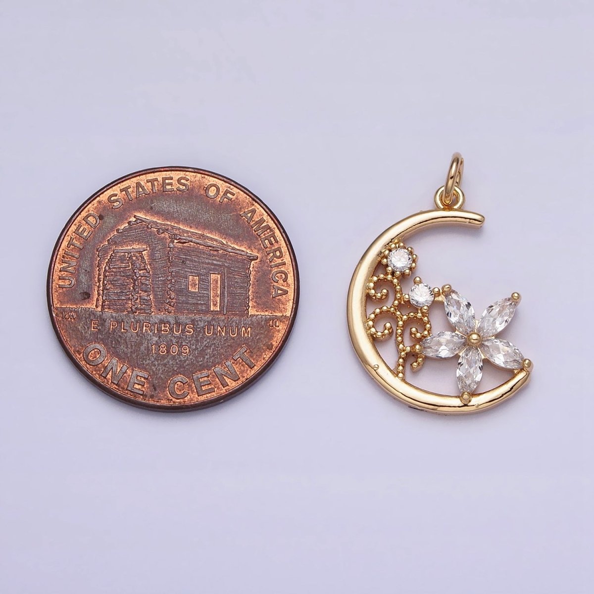 16K Gold Filled CZ Marquise Flower Beaded Plant Crescent Moon Add-On Charm in Gold & Silver | AC1209 AC1210
