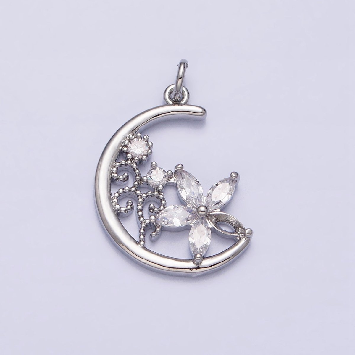 16K Gold Filled CZ Marquise Flower Beaded Plant Crescent Moon Add-On Charm in Gold & Silver | AC1209 AC1210
