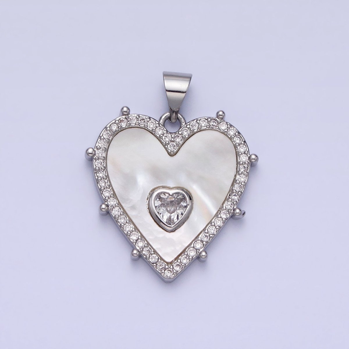 16K Gold Filled CZ Shell Pearl Micro Paved Heart Dotted Outline Pendant in Gold & Silver | AA165 AA166