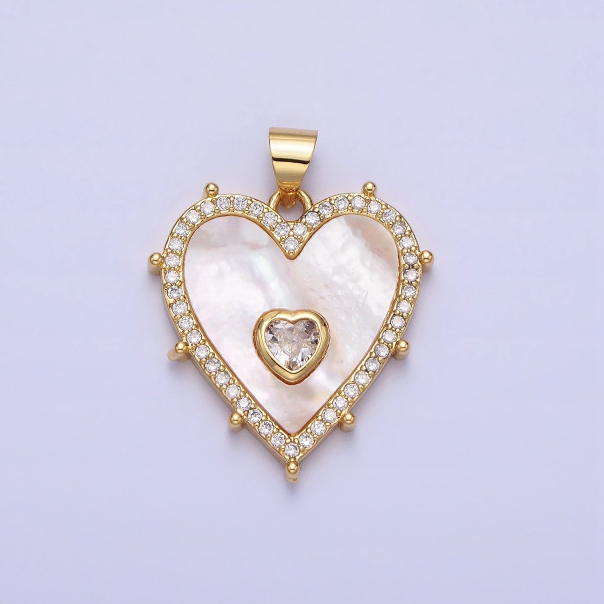 16K Gold Filled CZ Shell Pearl Micro Paved Heart Dotted Outline Pendant in Gold & Silver | AA165 AA166