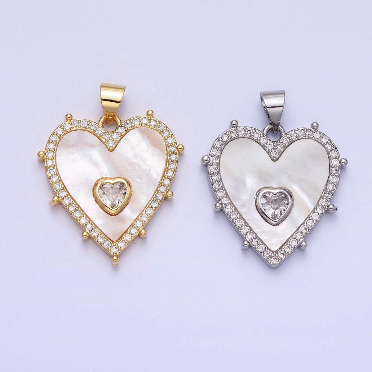 16K Gold Filled CZ Shell Pearl Micro Paved Heart Dotted Outline Pendant in Gold & Silver | AA165 AA166