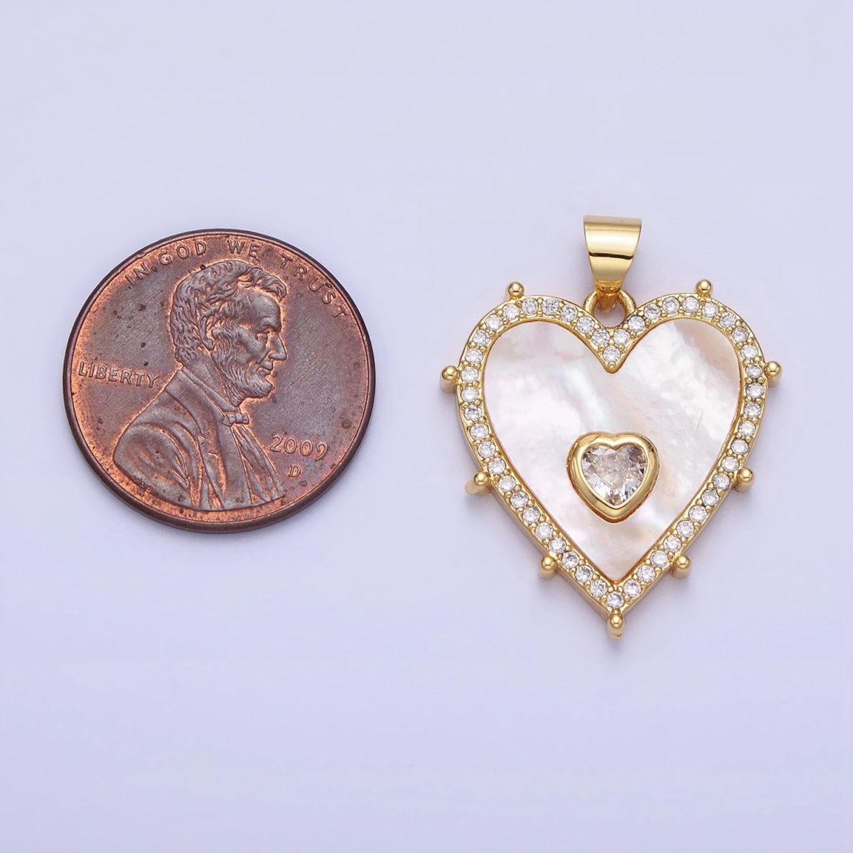 16K Gold Filled CZ Shell Pearl Micro Paved Heart Dotted Outline Pendant in Gold & Silver | AA165 AA166