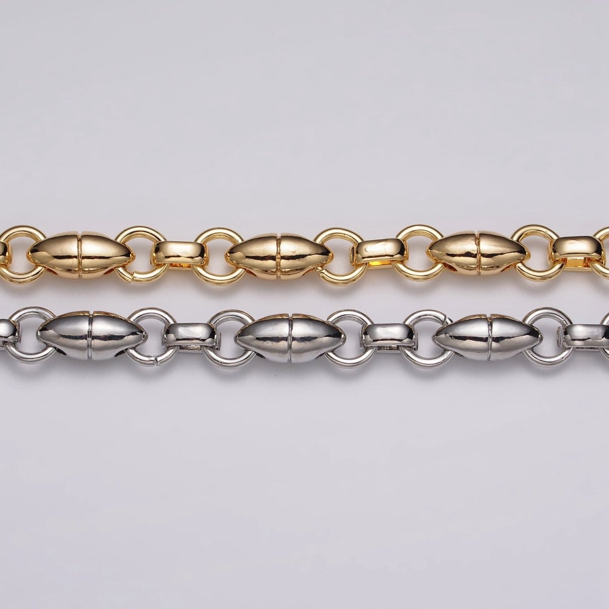 16k Gold Plated Designed Oval Pill Rolo Link Unfinished Chain by Yard in Gold & Silver | ROLL-1167 ROLL-1168 Clearance Pricing