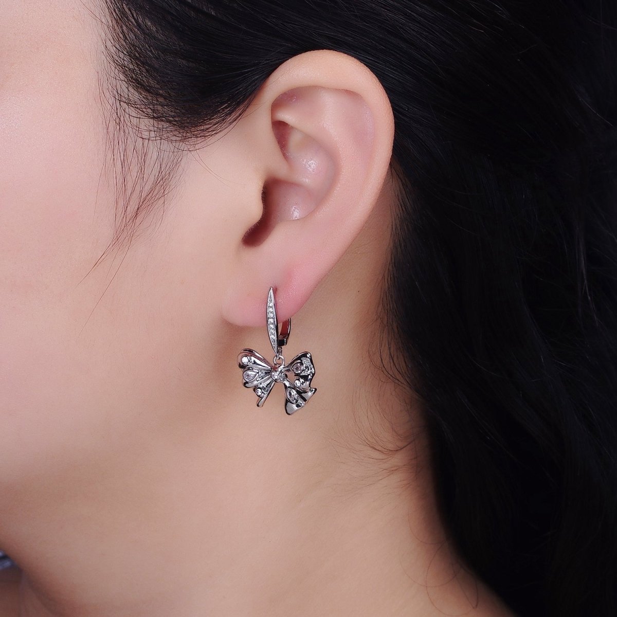 16K Gold Filled Dotted CZ Ribbon Drop Micro Paved English Lock Earrings in Gold & Silver | AD1249 AD1250