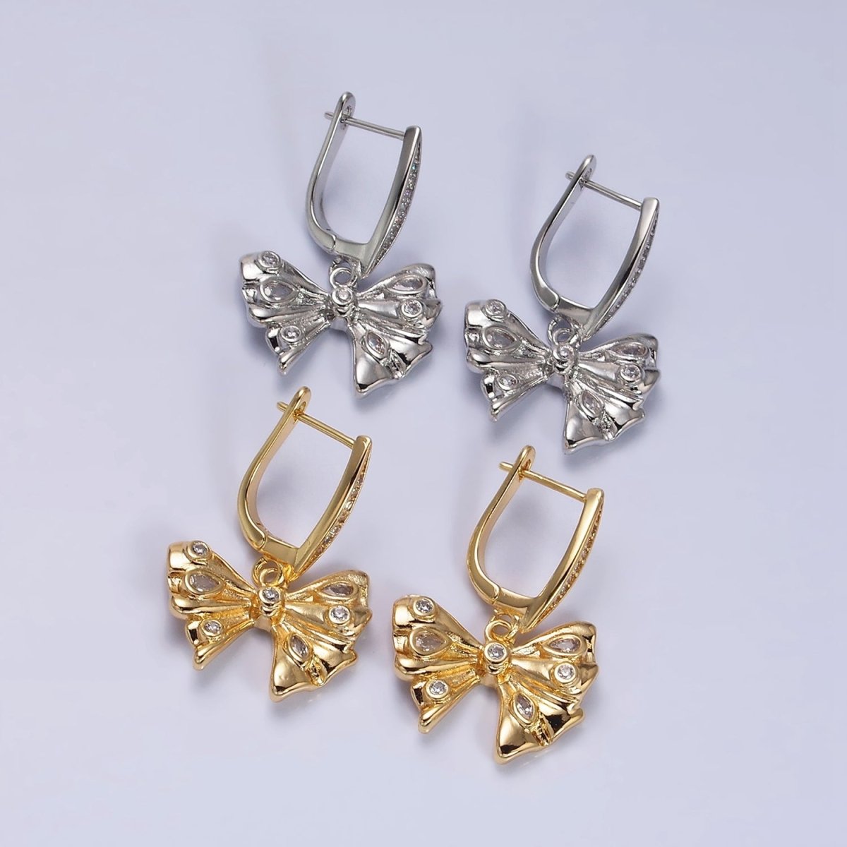 16K Gold Filled Dotted CZ Ribbon Drop Micro Paved English Lock Earrings in Gold & Silver | AD1249 AD1250