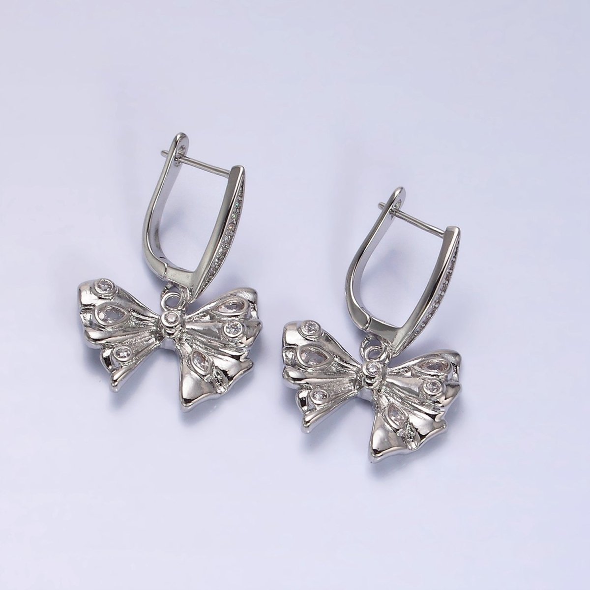 16K Gold Filled Dotted CZ Ribbon Drop Micro Paved English Lock Earrings in Gold & Silver | AD1249 AD1250