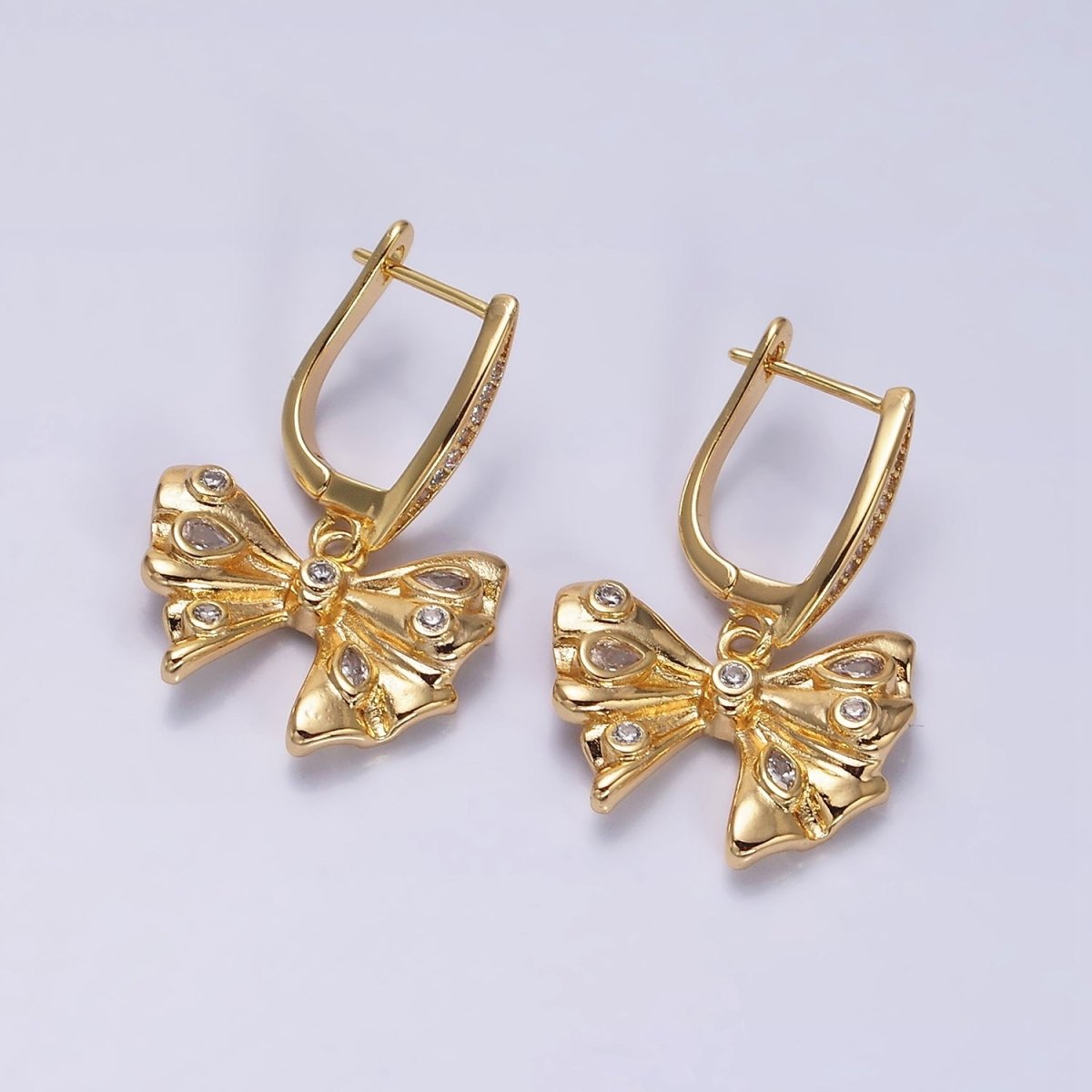 16K Gold Filled Dotted CZ Ribbon Drop Micro Paved English Lock Earrings in Gold & Silver | AD1249 AD1250