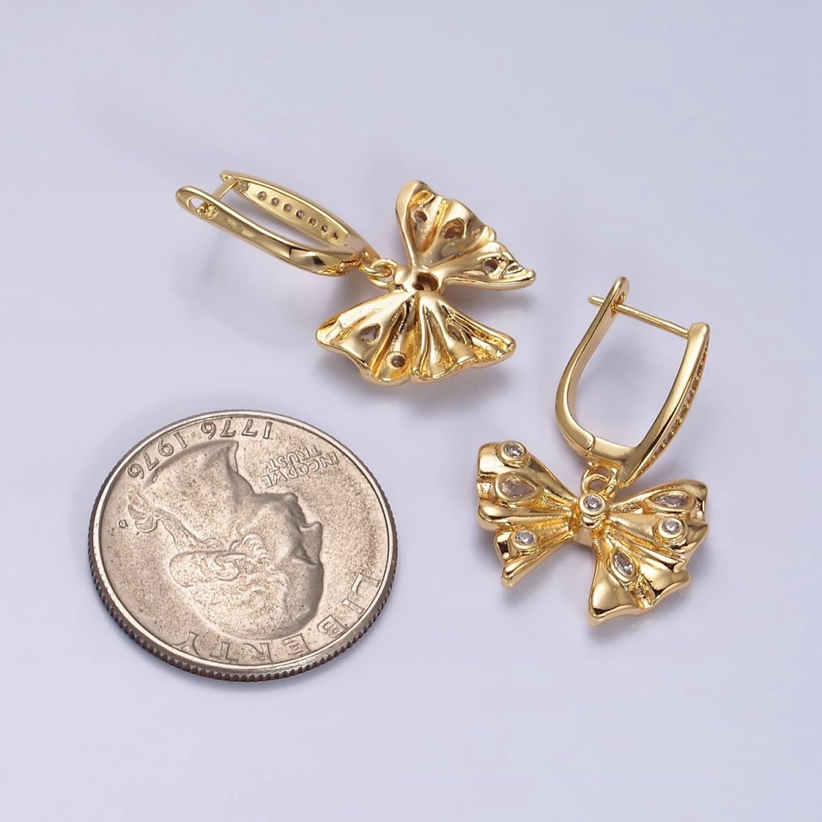 16K Gold Filled Dotted CZ Ribbon Drop Micro Paved English Lock Earrings in Gold & Silver | AD1249 AD1250