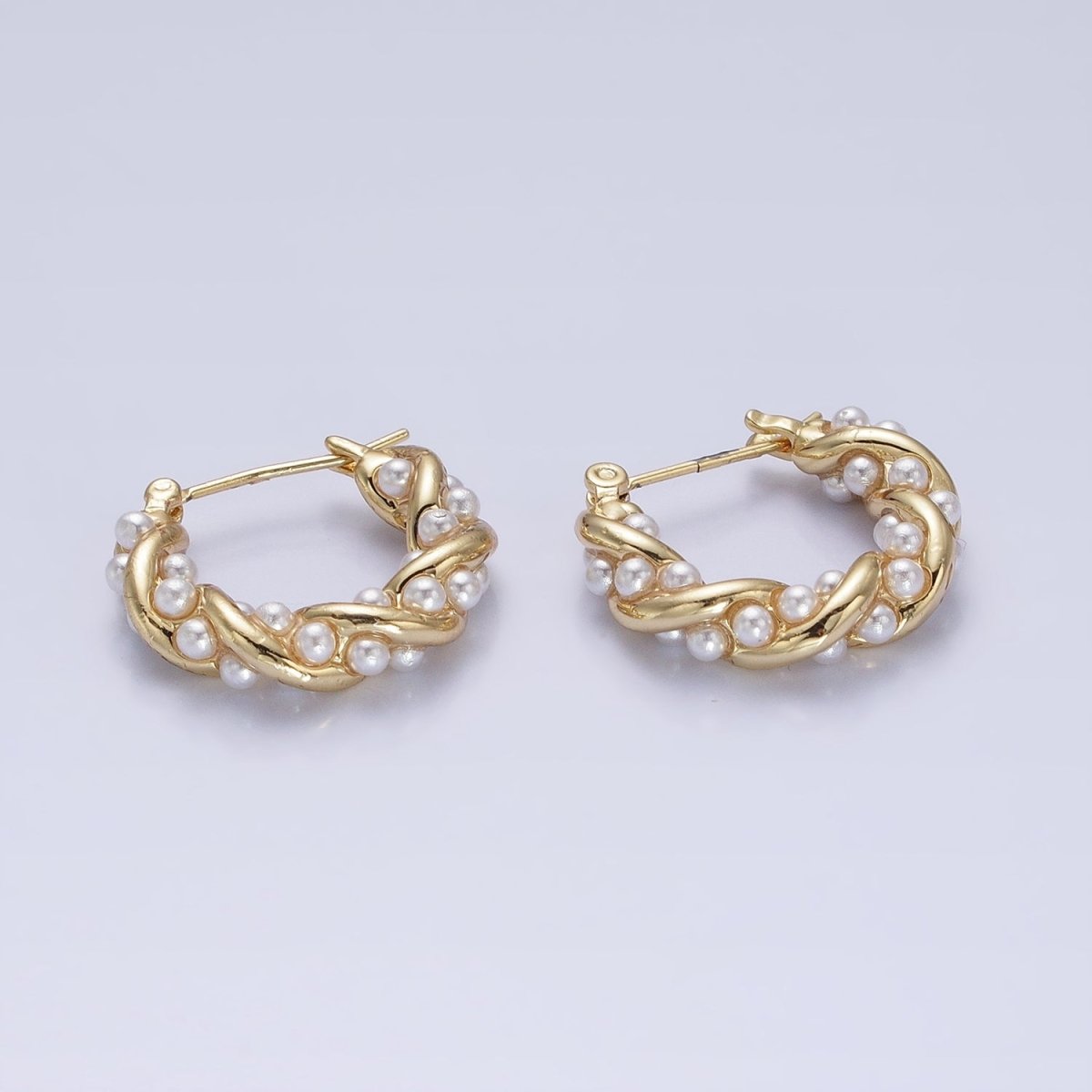 16K Gold Filled Dotted Pearl Lined Croissant Latch Earrings in Gold & Silver | AB1430 AB1431