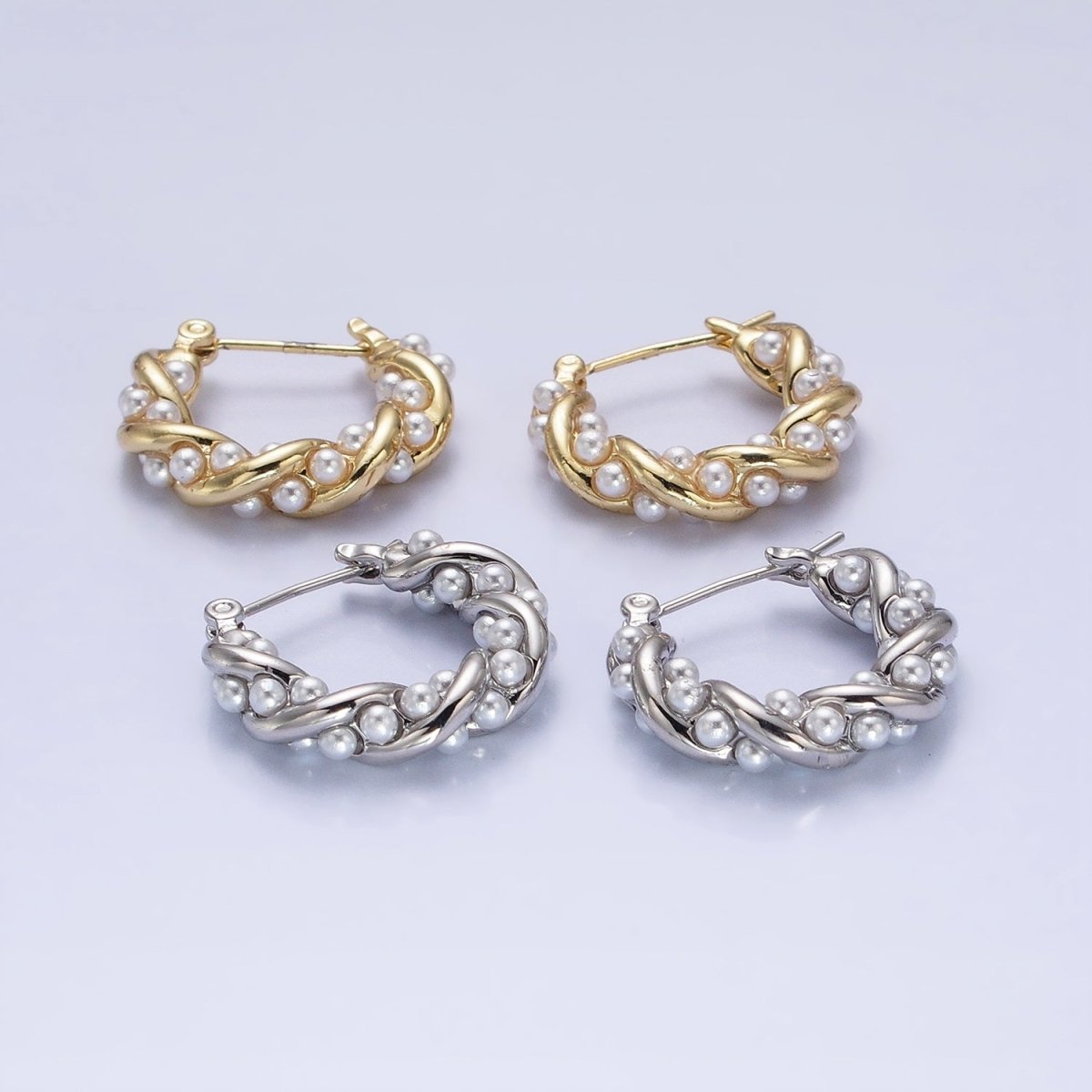 16K Gold Filled Dotted Pearl Lined Croissant Latch Earrings in Gold & Silver | AB1430 AB1431