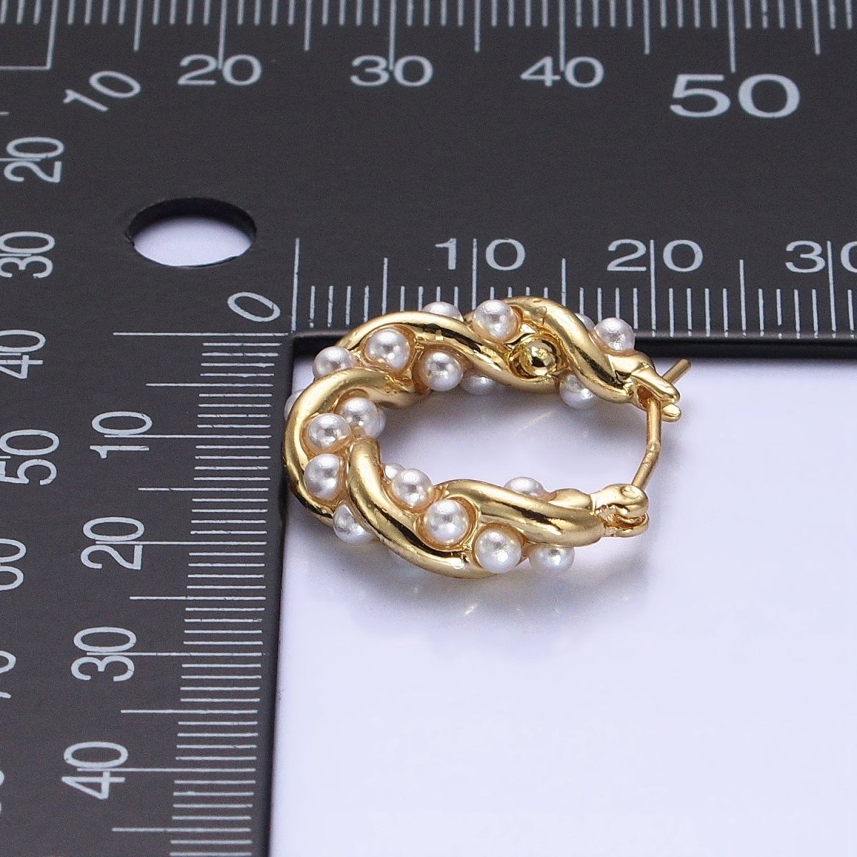 16K Gold Filled Dotted Pearl Lined Croissant Latch Earrings in Gold & Silver | AB1430 AB1431