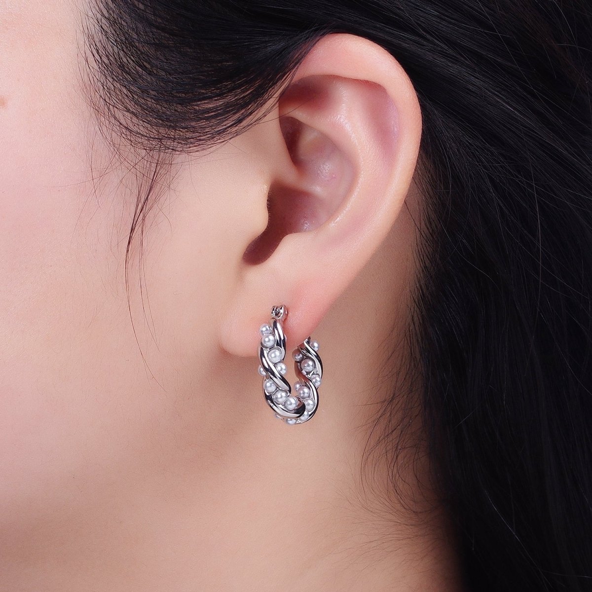 16K Gold Filled Dotted Pearl Lined Croissant Latch Earrings in Gold & Silver | AB1430 AB1431