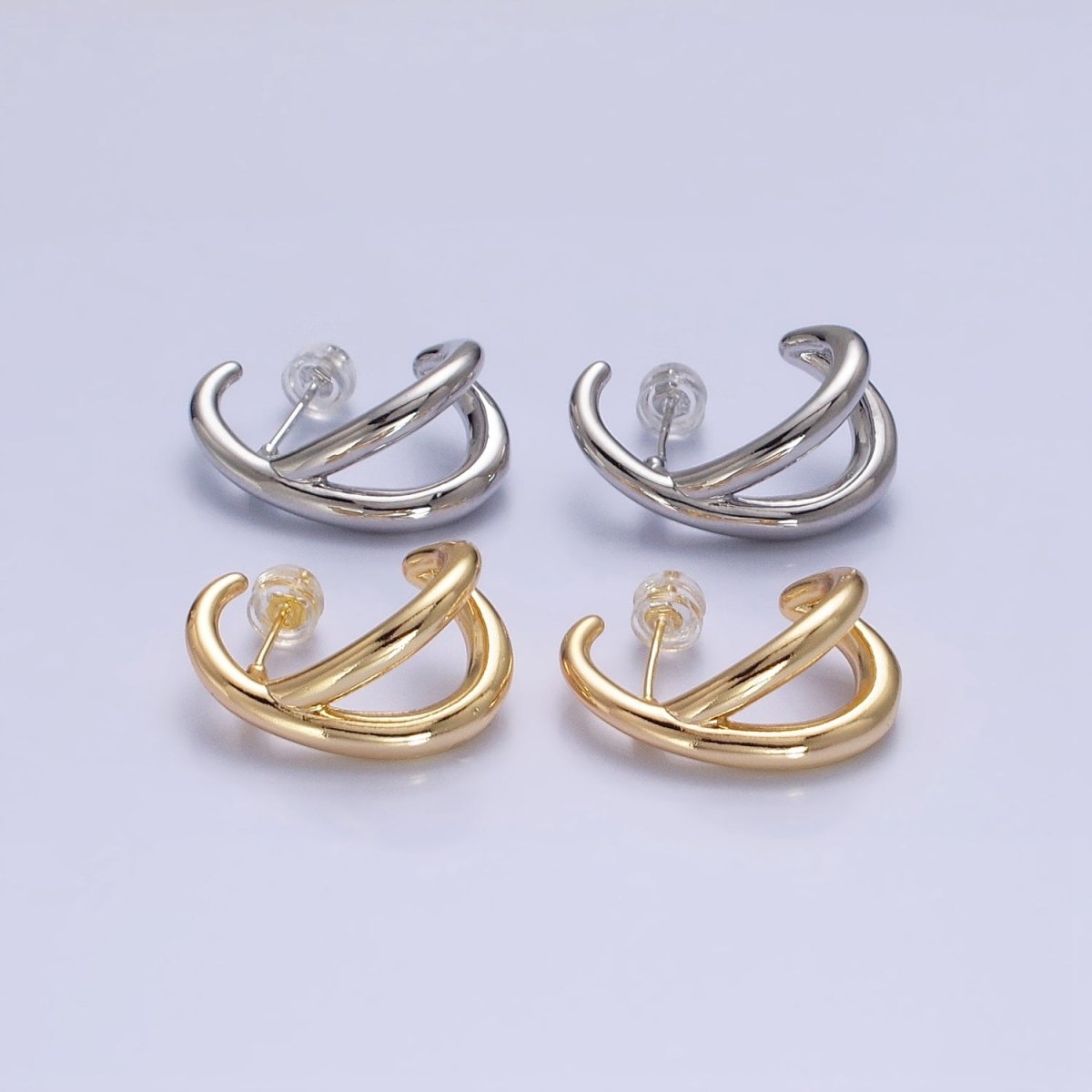 16K Gold Filled Double Band Circular Claw C-Shaped Hoop Stud Earrings in Silver & Gold | AB896 AB913