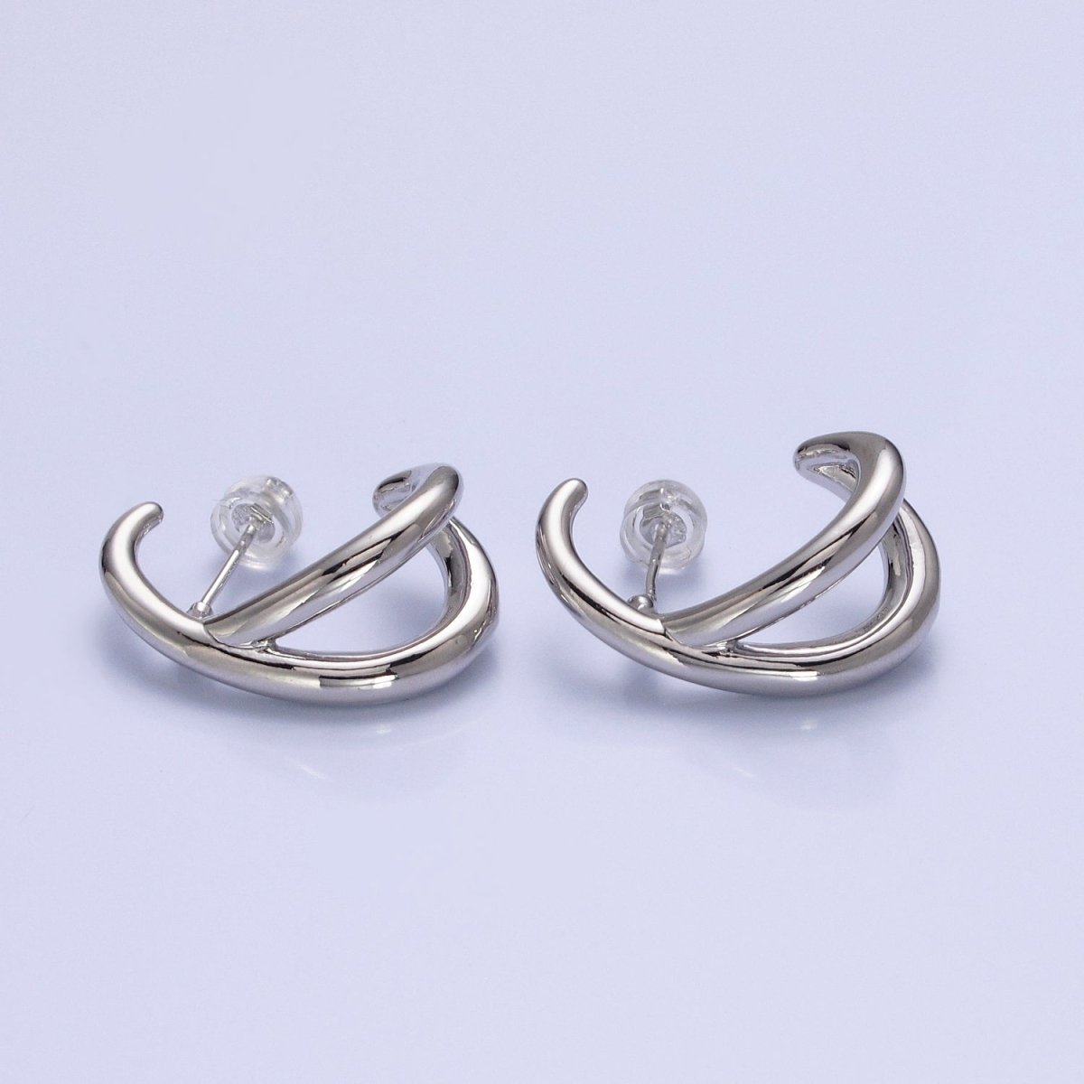 16K Gold Filled Double Band Circular Claw C-Shaped Hoop Stud Earrings in Silver & Gold | AB896 AB913