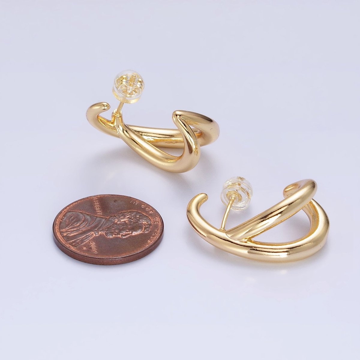 16K Gold Filled Double Band Circular Claw C-Shaped Hoop Stud Earrings in Silver & Gold | AB896 AB913