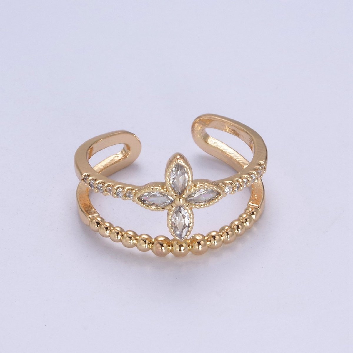 OS 16K Gold Filled Double Band Geometric Crystal Zirconia CZ Flower Adjustable Ring U-348
