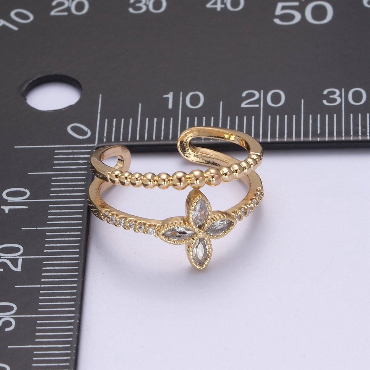 OS 16K Gold Filled Double Band Geometric Crystal Zirconia CZ Flower Adjustable Ring U-348