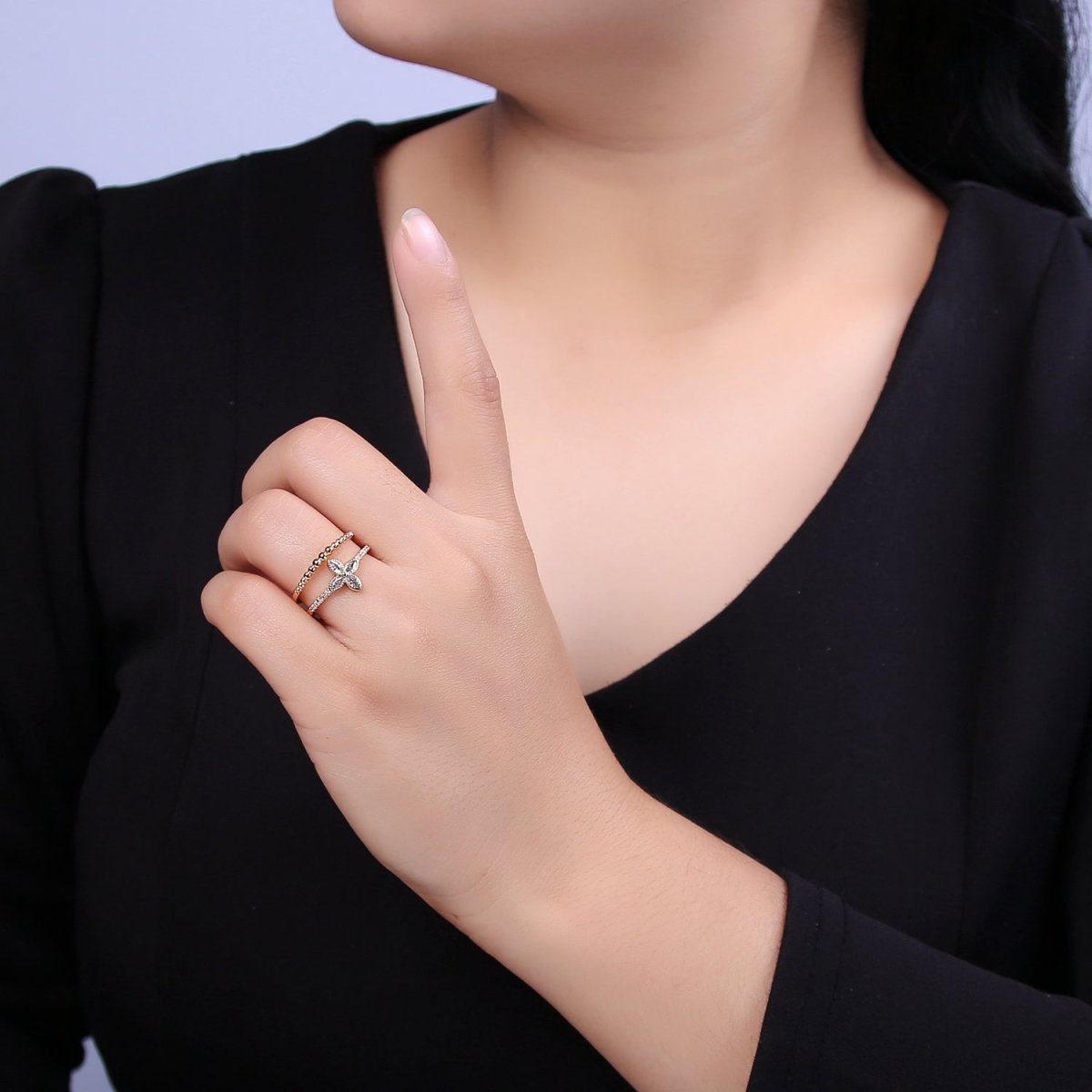 OS 16K Gold Filled Double Band Geometric Crystal Zirconia CZ Flower Adjustable Ring U-348