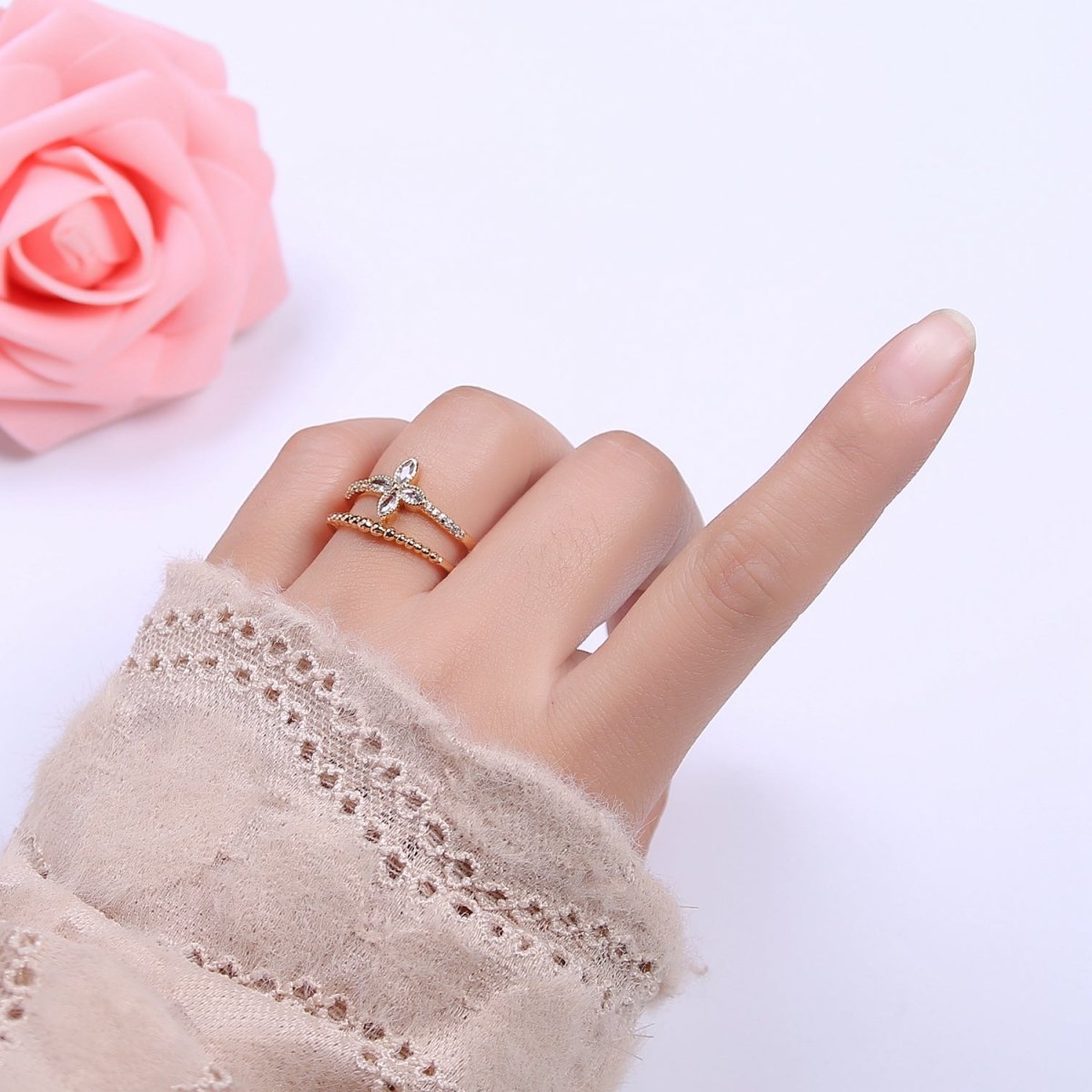 OS 16K Gold Filled Double Band Geometric Crystal Zirconia CZ Flower Adjustable Ring U-348