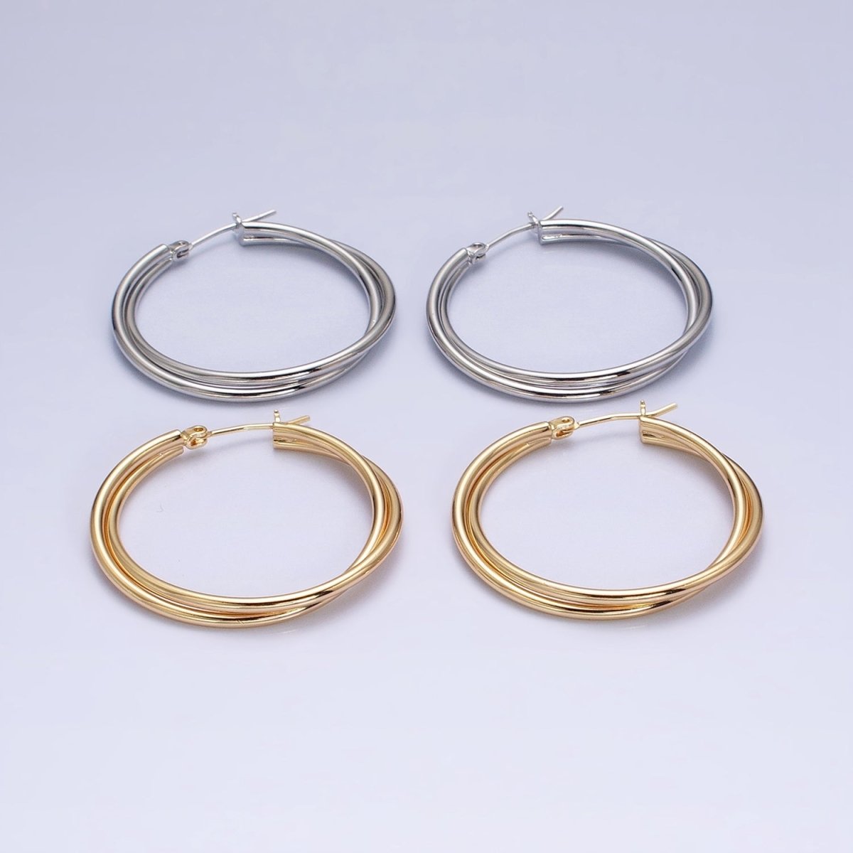 16K Gold Filled Double Band Hoop Latch Earrings in Gold & Silver | AD1157 AD1158