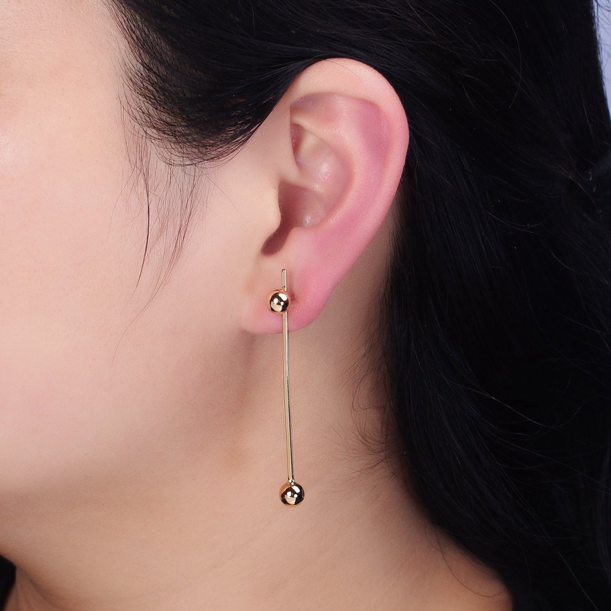 16K Gold Filled Double Bubble Bead Geometric Linear Drop Stud Earrings in Gold & Silver | AD1145 AD1146
