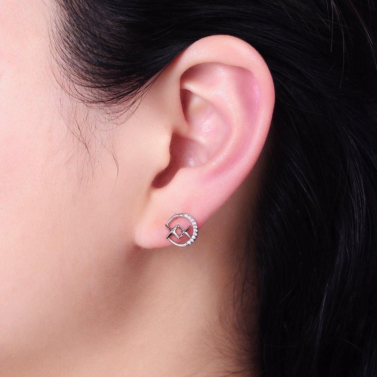 16K Gold Filled Double Celestial Star Micro Paved Open Round Circular Stud Earrings in Gold & Silver | AD1334 AD1335