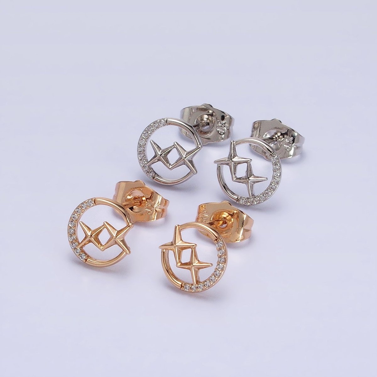 16K Gold Filled Double Celestial Star Micro Paved Open Round Circular Stud Earrings in Gold & Silver | AD1334 AD1335